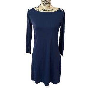 Lilly Pulitzer UPF 50+ Sophie Dress Navy Blue 3/4 Sleeve Gold Buttons Sz Small